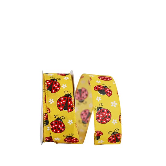 JAM Paper 1.5&#x22; Faux Linen Wired Yellow Ladybugs Ribbon